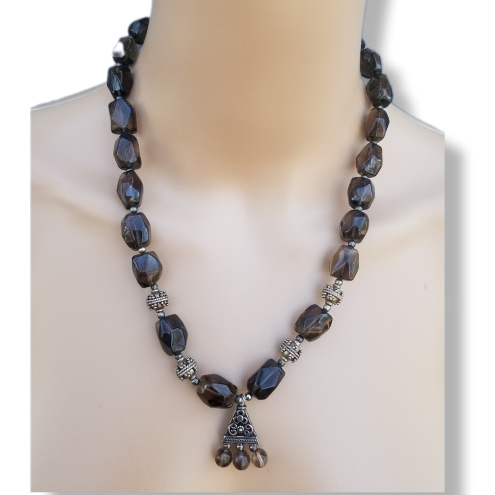 VINTAGE GENUINE SMOKY TOPAZ & STERLING SILVER STATEMENT NECKLACE